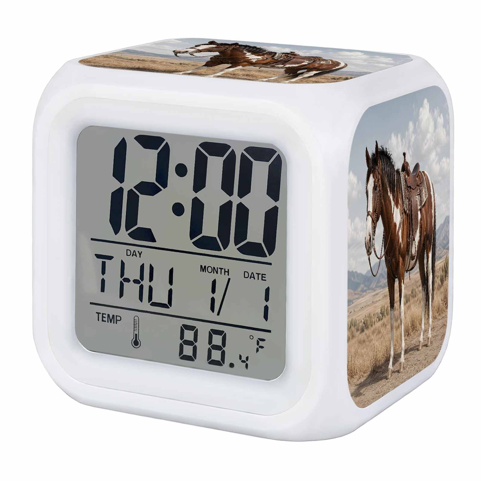 Brown Horse Alarm Clock, Western Rustic Country Sand Desert Mountain Wildlife Digital Clock Night Light with 7 Color, Calendar Temperature Display, LED Desk Small Clock for Bedrooms Living Room