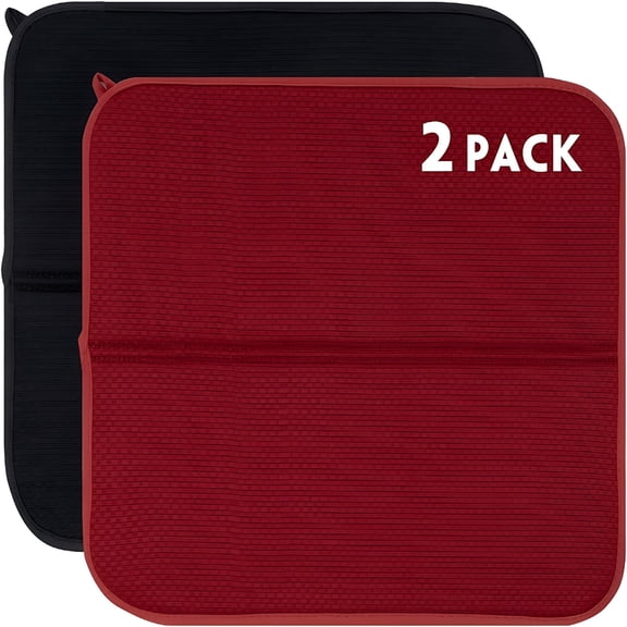 ACDANC 2 Pack Dish Drying Mat,Microfiber Dish Drainer Mat 16x18" Large Size Dish Drying Pad,Ultra Absorbent Dish Drying Mats for Kitchen Counter,Coffee,Rack (Black Red)