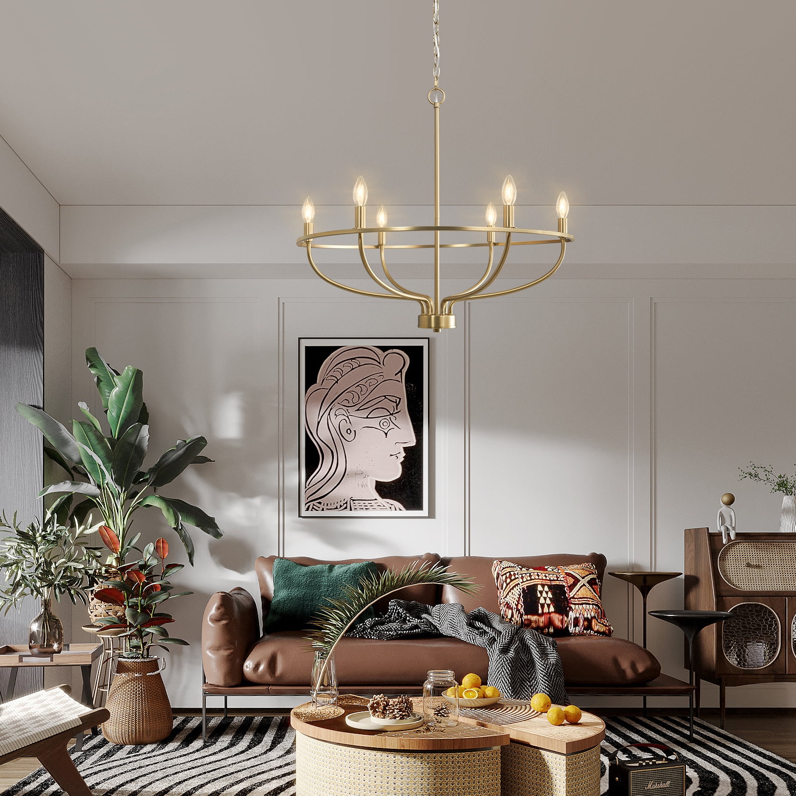 6 Light Gold Chandelier, Brushed Gold Light Fixture Dining Table Candle Brass Chandelier Lighting for Bedroom Hallway Entryway Living Room Kitchen 29in Brushed Brass Chandeliers