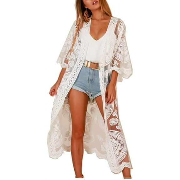 Women Swimsuit Cover Up Bathing Suit Kimono Long Beach Dress Floral Lace Bikini Swim Coverup Sun Protection Clothing