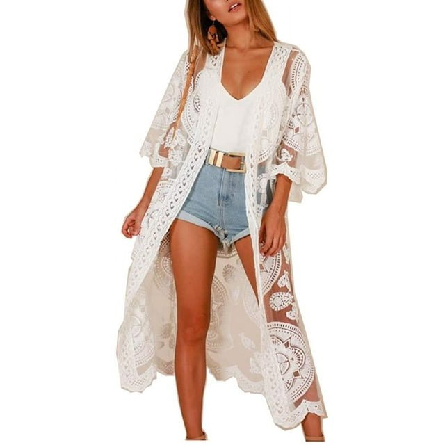 Traje de baño para mujer, pareo, kimono, falda larga de playa, bikini de encaje floral