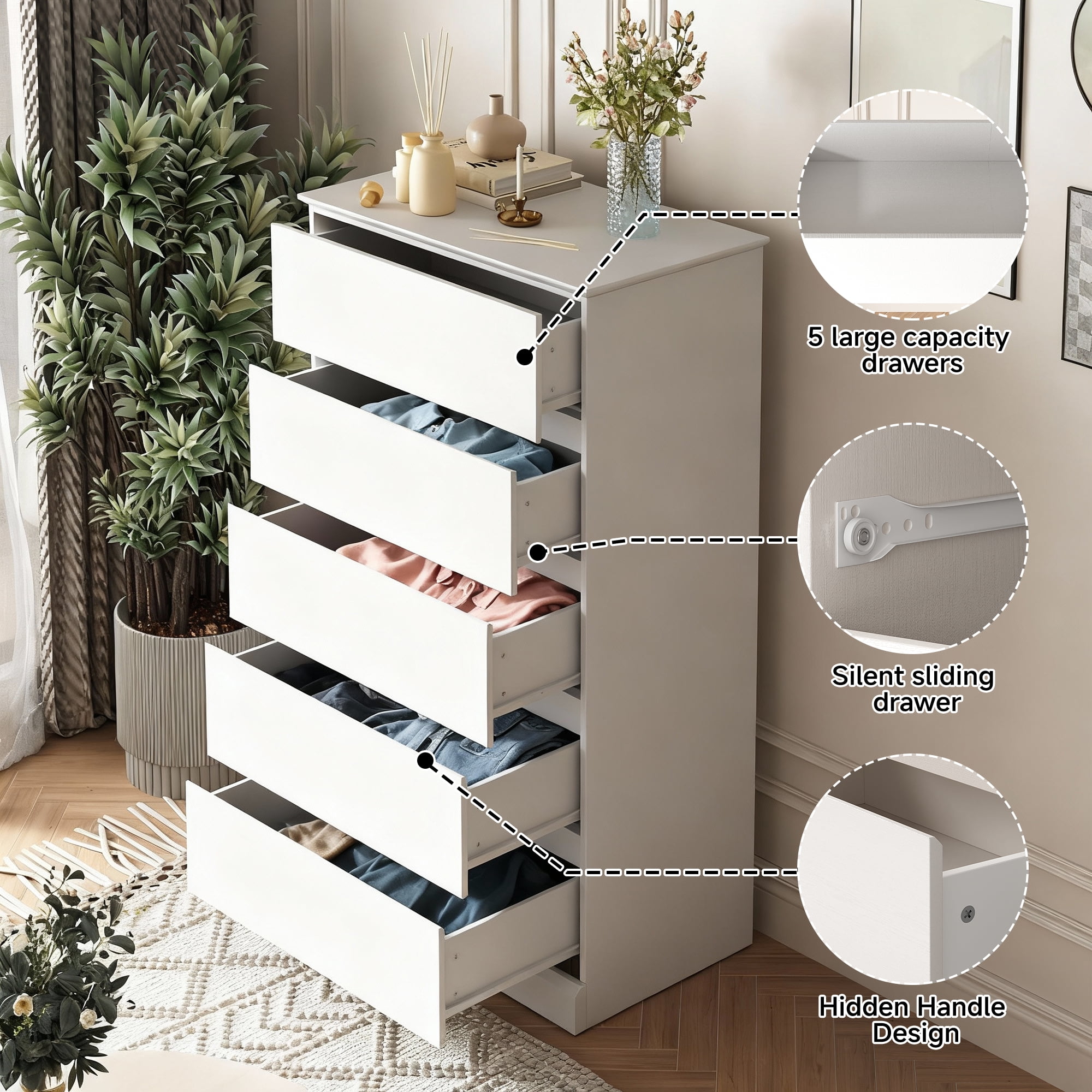 5 Drawer Dresser for Bedroom, 15.8" D x 27.6" W x 48.4" H in Simply Modern Chest of Drawers, Wood Storage Dresser with Deep Drawers for Living Room Hallway Entryway, White