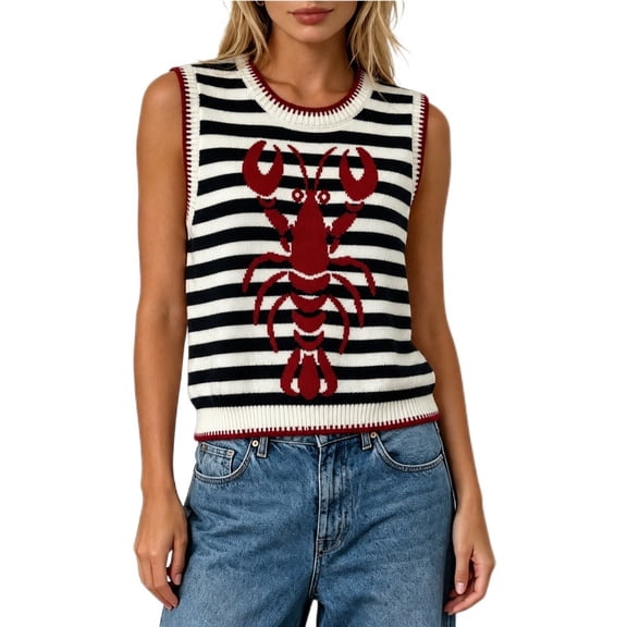Pullover Sweaters for Women Stylish Lobster Print Round Neck Sleeveless Knit Vest Contrast Loose Casual Layered Sweater Vest