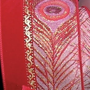 The Ribbon People Red and Gold Peacock Print Wired Craft Ribbon 2.5" x  20 Yards