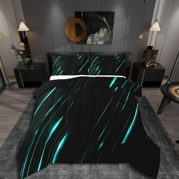 Castle Fairy Geometric Stripes 2pcs Bedding Comforter Set,Black Teal Twin Comforter Sets,Neon Lights Breathable Bedding Set,Luxury Boys Bedroom Decor,Reversible