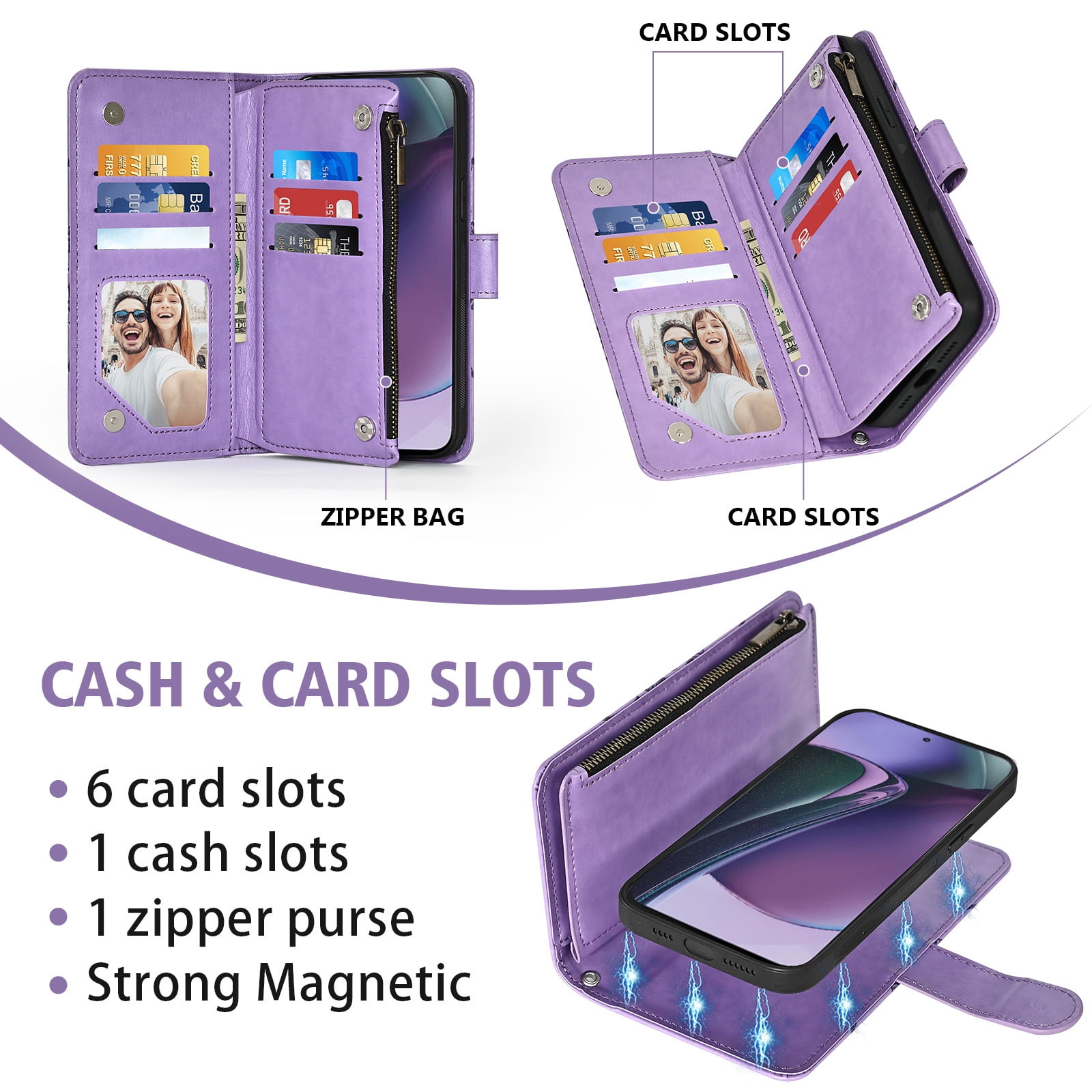 Asuwish Phone Case for Motorola Moto G Stylus 5G 2023 Zipper Wallet Magnetic Detachable Cell Cover with Tempered Glass Screen Protector Crossbody Strap Flower Card Holder Slot GStylus G5 Women Purple
