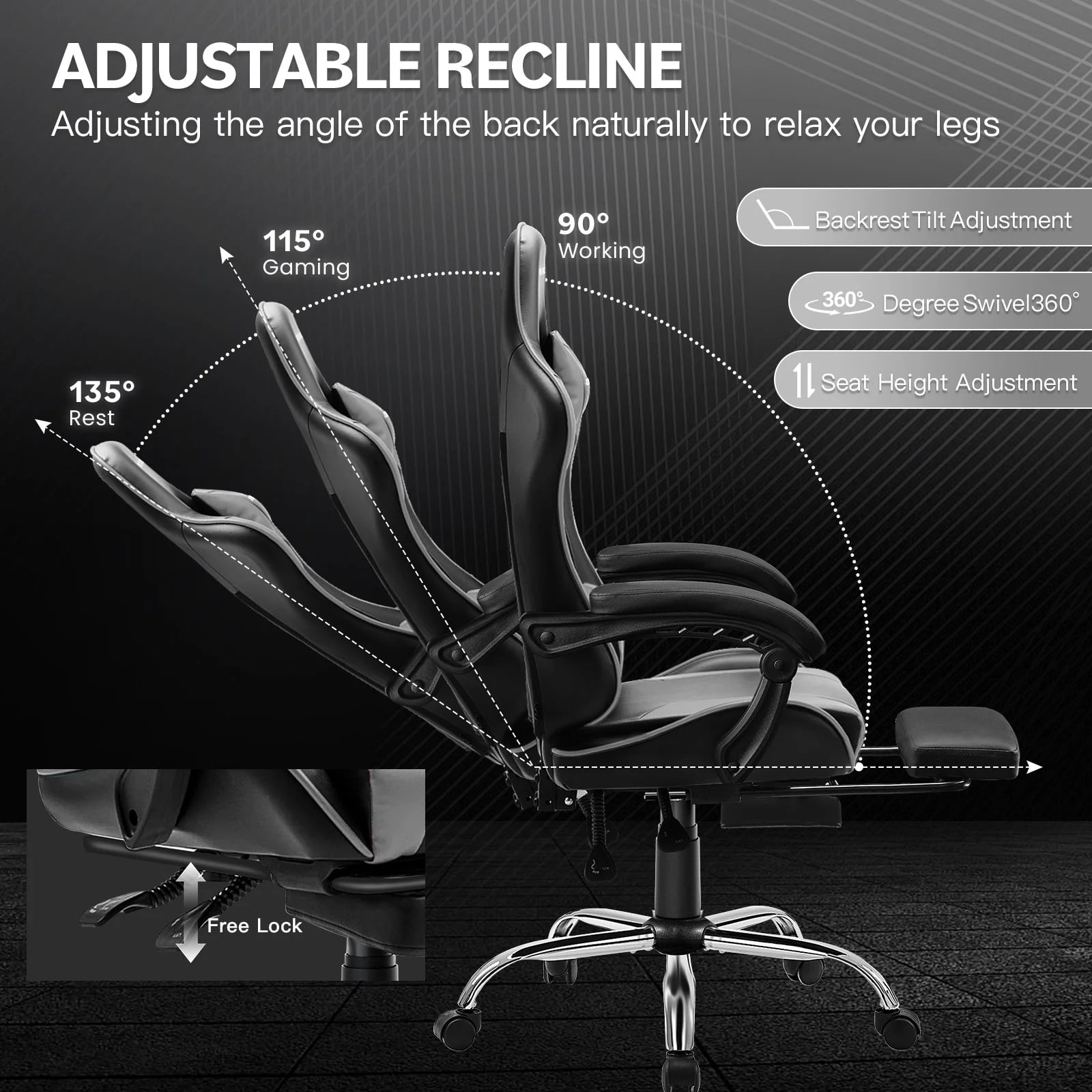 JONPONY Big and Tall 400LBS Gaming Chair, Ergonomic Design, Gamer Chair PU Leather with Footrest and Lumbar Support, High Back Office Chair Support 8 Hours Long Sitting, Computer Chair,Black Grey