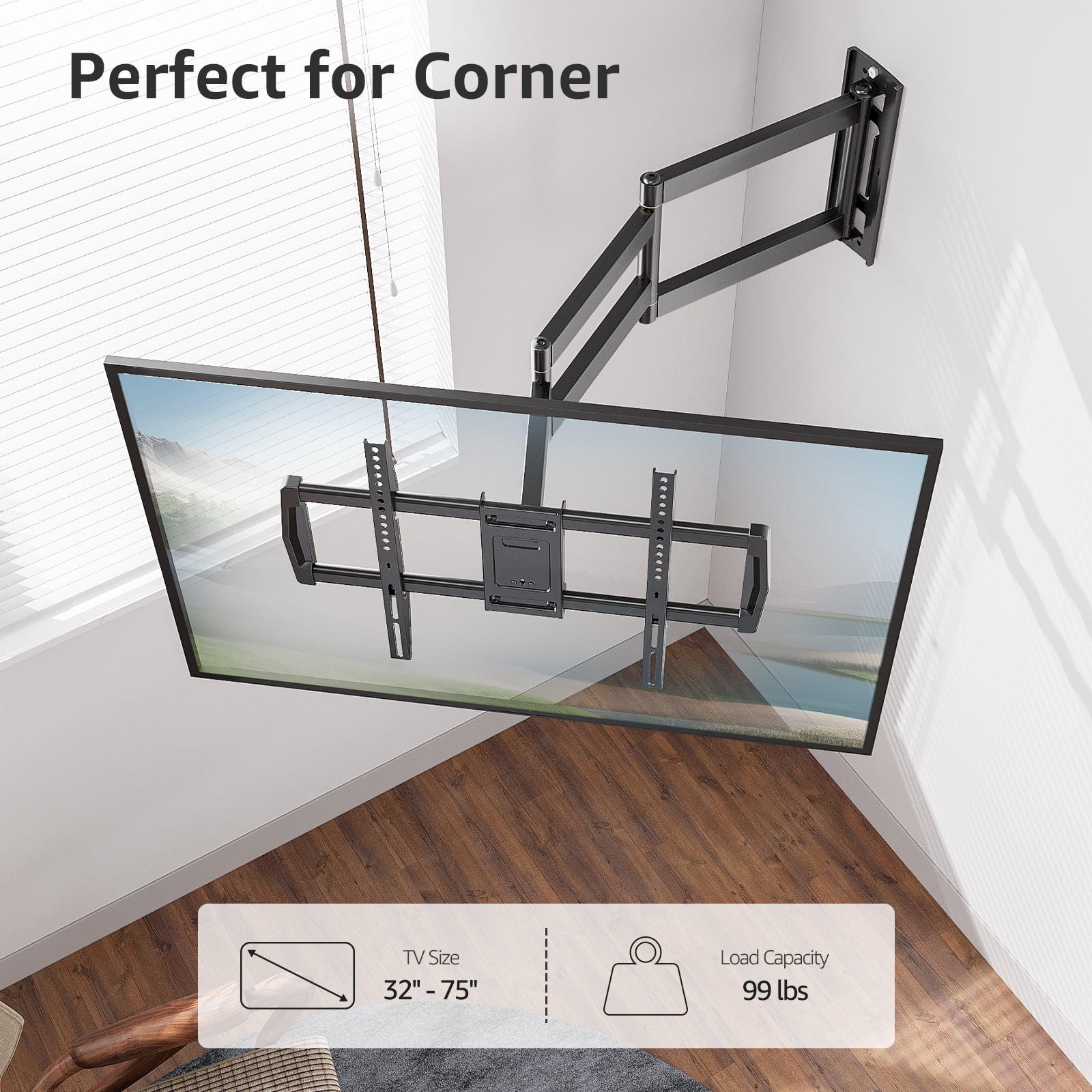 HOMOUNT Full Motion Long Arm TV Wall Mount for 42"-75" TVs, Corner TV Mount with 37.9" Extension Arm, TV Bracket with Articulating Swivel Tilt Single Stud, Max 600x400mm, Up to 99 lbs