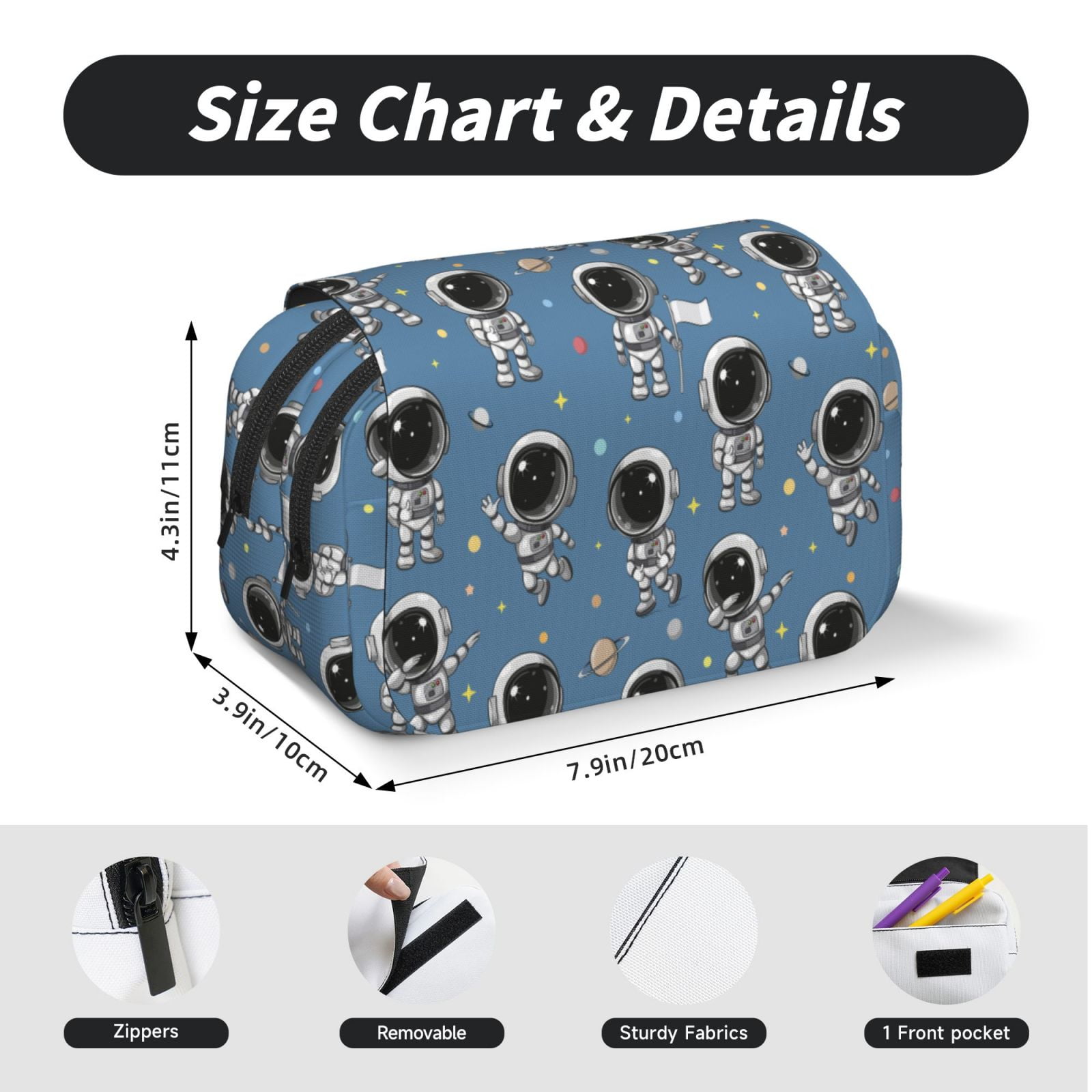 Rateoe Astronaut Pattern Double Clamshell Pen Case, Storage Organizer with Two Zipper Compartments– Holds Up to 50 Pencils & Pens