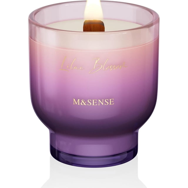 M&SENSE 9.88oz Natural Soy Wax Jar Candle with Wooden Wick | Lilac Blossom Scent | 55-Hour Burn & Long-Lasting Burn | Housewarming Gift for Men and Women