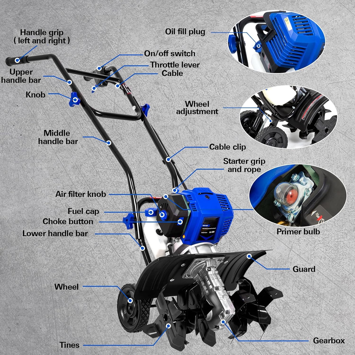 ANLIBATT 46cc 1.9HP 16-Inches Gas Tiller 8" Tilling Depth Easy Start Adjustable Wheels Foldable Heavy Duty Cultivator Rototiller for Garden Soil