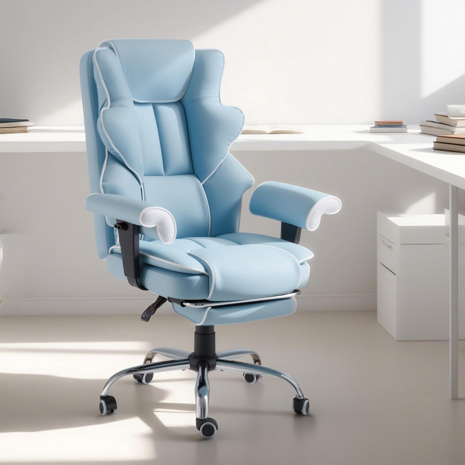 Homrest 6-Point Massage Executive Office Chair for Adults, Heated Ergonomic Home Desk Chair with Adjustable Footrest, Armrests & Backrest (Airy Blue)