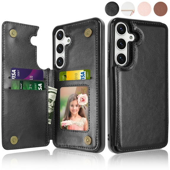 Ebizware for Samsung Galaxy S24 Phone Case, Magnetic Leather Wallet Case with Credit Card Cash Slots Holder for Women Men Folio Flip Kickstand Cover for Galaxy S24 [Black]