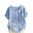 thumbnail image 1 of Staron Hauts d'Été pour Femmes en Liquidation à Moins de 10 $ Coton Lin Col Rond Chic Tendance Chemises Amples d'Été Grande Taille Décontracté Manches Courtes Retroussées Hauts Blouses, 1 of 4