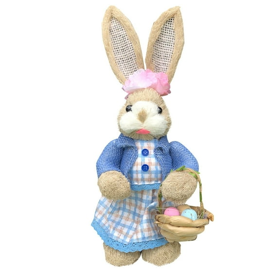 Easter Straw Rabbit, Standing Easter Bunny with Carrot Cute Sisal Bunny Decoration for Easter Theme Party Supplies 13.7in Multicolor