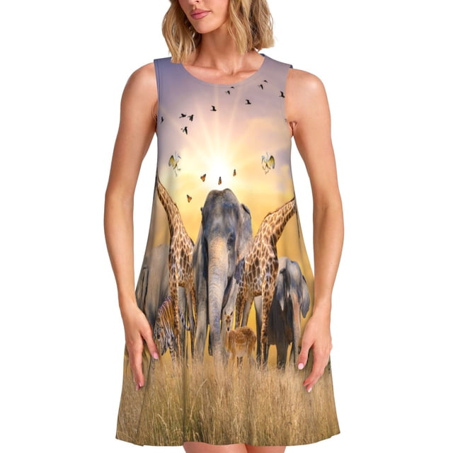 Balery Vintage Wildlife Protection Vestidos de verano para mujer con estampado: vestido holgado sin mangas, vestido playero informal y cómodo para días calurosos.