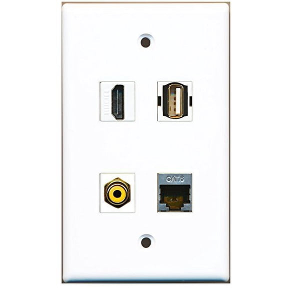 RiteAV - 1 Port HDMI 1 Port RCA Yellow 1 Port USB A-A 1 Port Shielded Cat6 Ethernet Wall Plate