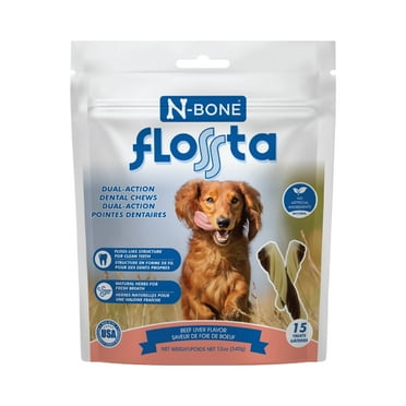N-Bone® FLOSSta Dental Chews for Dogs – Natural Beef Liver Flavor, No Dyes, Grain-Free, Breath Freshening, Plaque & Tartar Control, Digestible Teething Aid – 12 oz Bag, Made in USA