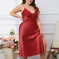 thumbnail image 4 of Xysaqa Women's Plus Size Full Slip Nightgown Chemise Sexy Side Split Negligees Satin Nightgowns for Women Soft Comfy V Neck Sleepwear Full Length XL 2X 3X Summer Savings Red, 4 of 7