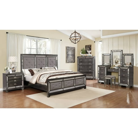 5pc Classic Bedroom set Tufted and Mirror Trimming (Bed, 2 NightStand, Vanity &