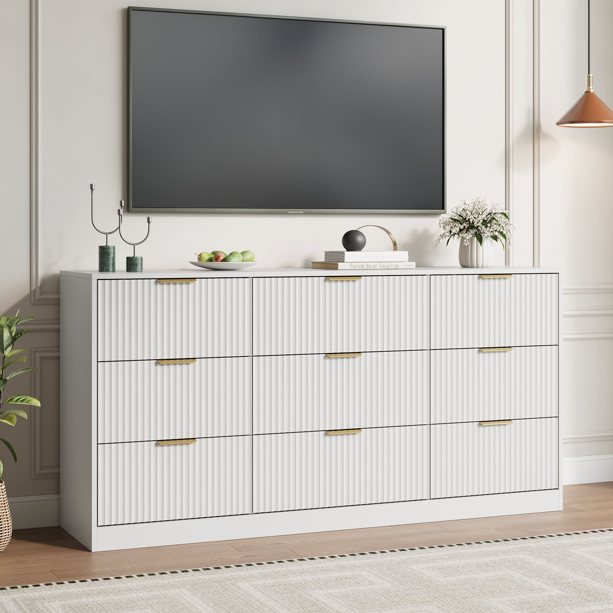 YouTrend White 9 Drawer Dresser for Bedroom,Modern Adult Fluted Wood Chest of Drawer with Golden Embedded Handles for Living Room,Hallway