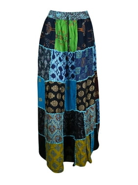 Mogul Women Long Skirt Floral Blue Black Print Patchwork Rayon Maxi Elastic Waist Swing Skirts Bohemian Long Summer Chic S/M