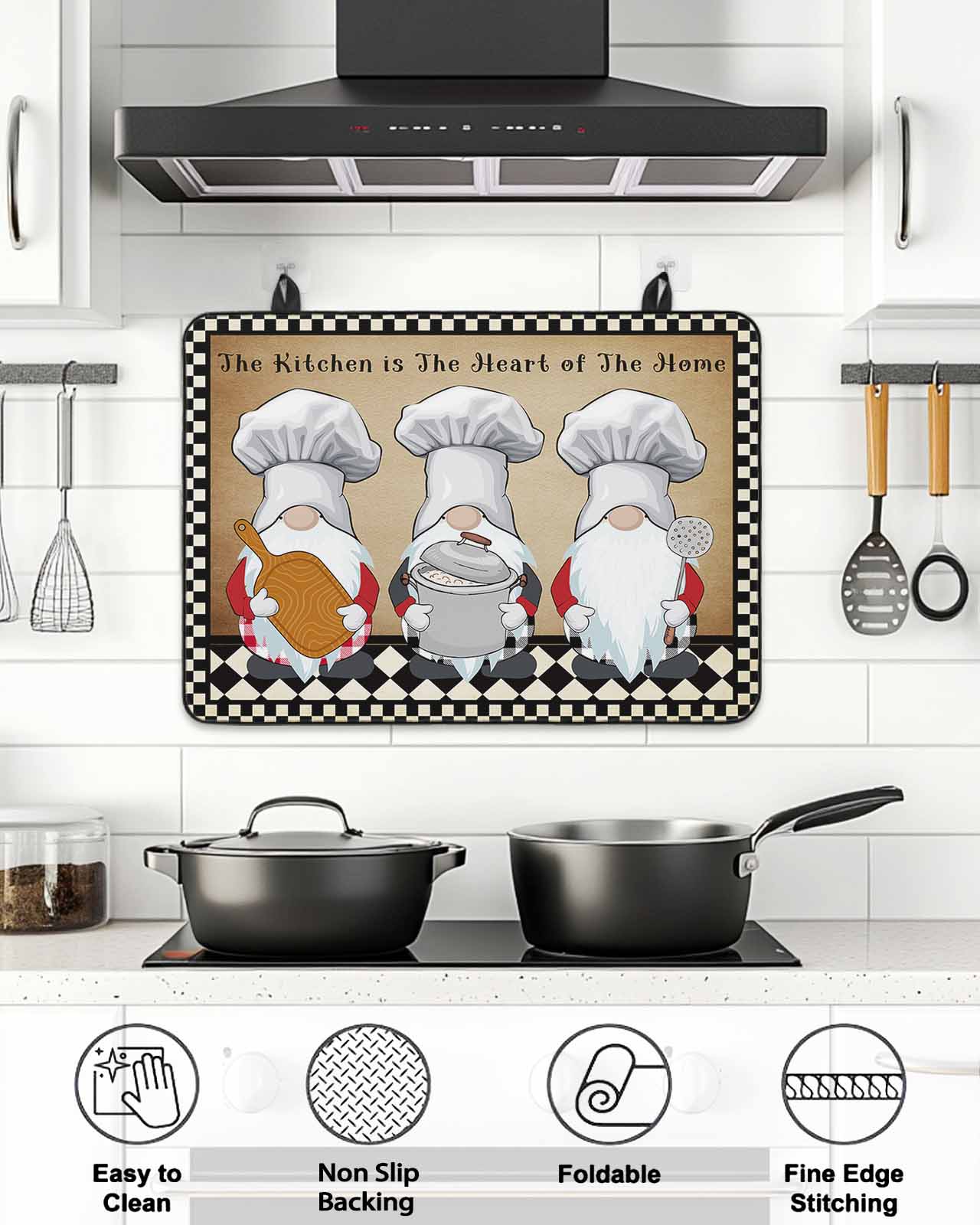 The Chef Stove Top Covers for Electric Stove, 28'x20'' Gnome Kitchen Retro Black Buffalo Plaid Glass Ceramic Stove Cover Foldable Rubber Mat Heat Resistant Cooktop Protector for Kitchen