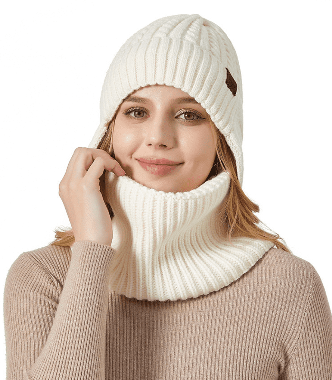 Women Men Winter Beanie Hats, Two Pieces Fleece Lined Knit Balaclavas Mask Set, Unisex Skull Neck Circle Scarf Ski Snow Hat