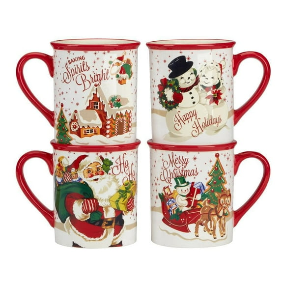18 oz. Multi-Colored Ceramic Santa's Retro Christmas Mugs (Set of 4)
