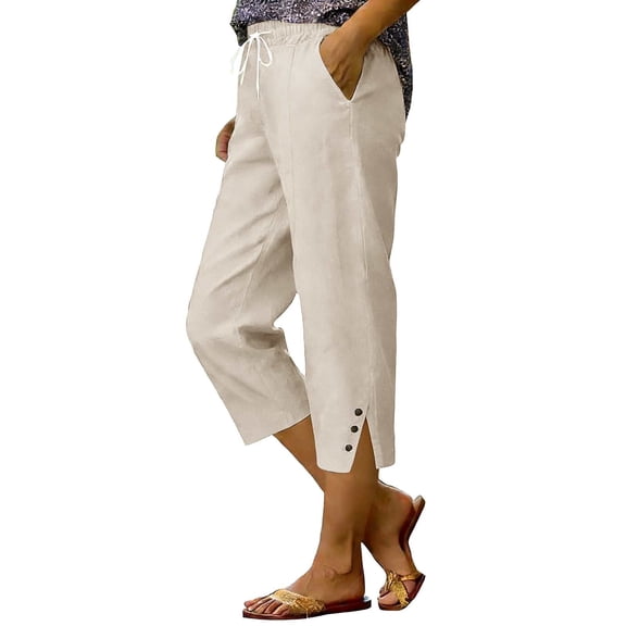 HEILAU Women's Casual Pants Fashion Cotton Linen Button Slit Solid Color Cropped Pants Womens Sweatpants Beige L