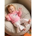thumbnail image 4 of RUINIXCW Toddler Baby Girls Halloween Outfit Infant Baby Girls Fall Winter Clothes Cute Ghost Pumpkin Print Ruffled Long Sleeve Sweatshirt Top with Flare Pants Bell Bottom Set, 4 of 9