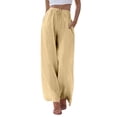 thumbnail image 2 of KDDYLITQ Linen Pants Women Petite Wide Leg High Waisted Pants Flowy Casual Baggy Drawstring Palazzo Trousers Yellow L, 2 of 6