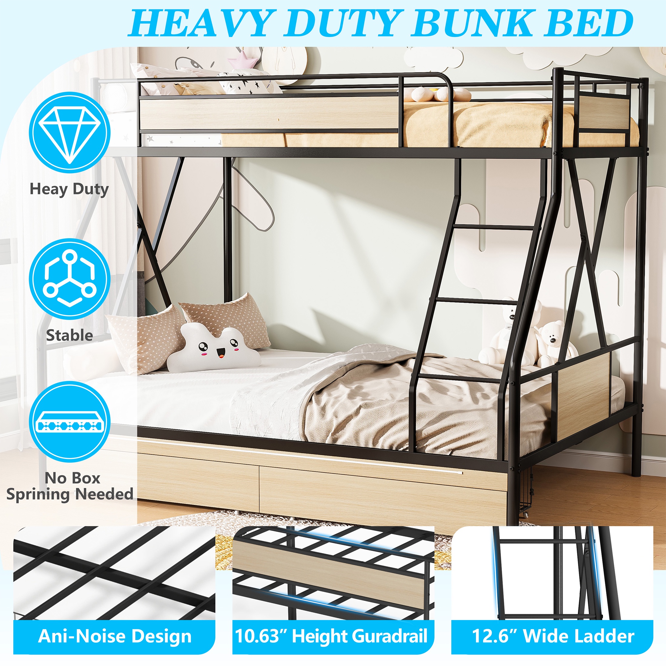 PORKISS Twin over Full Bunk Bed with Drawers for Kids Teens Bedroom, Metal Bunk Bed with USB Charging Station, LED Light, Full-Length Guardrail, Black