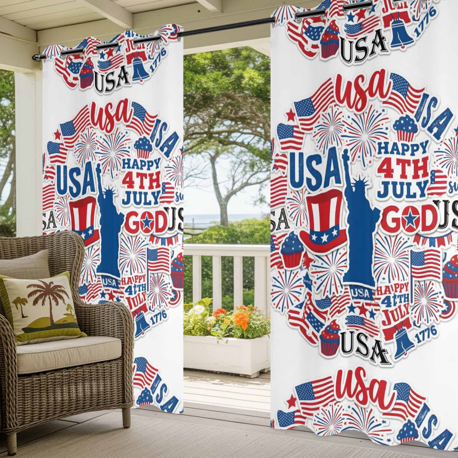 Independence Day Outdoor Curtains for Patio, Statue of Liberty Silhouette U. S. Flag Sunshade Privacy Drapes Grommet Waterproof Outside Curtains for Porch/Cabana/Balcony 54"x 108", 1 Panel