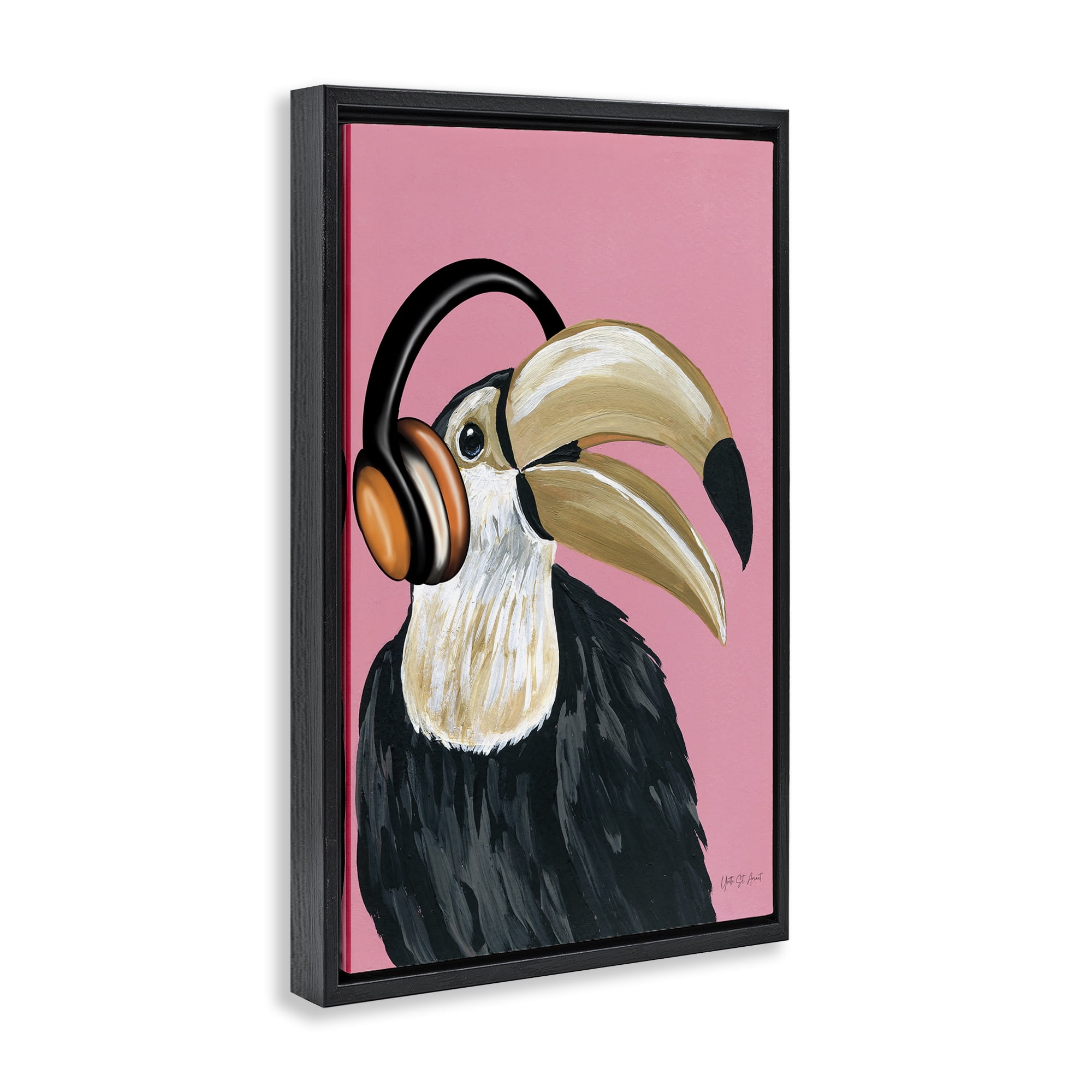Stupell Industries Toucan & Music Headphones Animals & Insects Painting Black Floater Framed Art Print Wall Art, 17 x 25