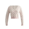 thumbnail image 3 of SAYOO Women's Crochet Cardigan, Checkerboard Plaid Pattern Single-breasted V-neck Short Sweater, S/M/L, 3 of 5