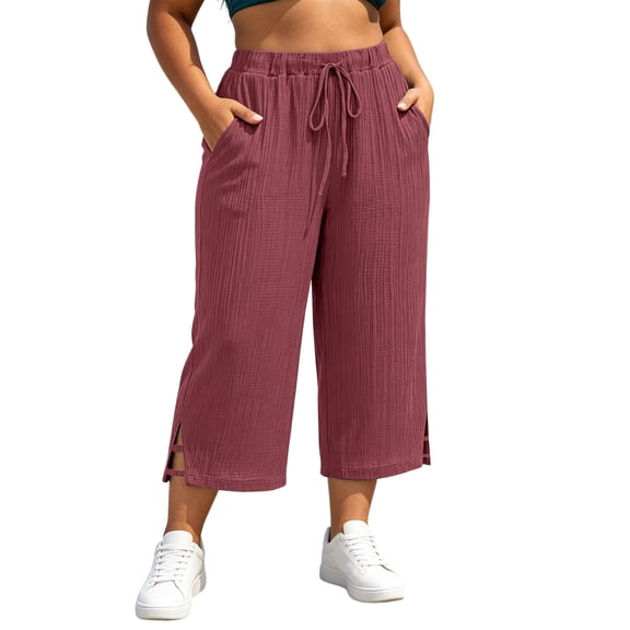 Ltctricy Plus Size Pants for Women Casual Drawstring Loose Capri Pants with Pockets Elastic Waist Crop Trousers