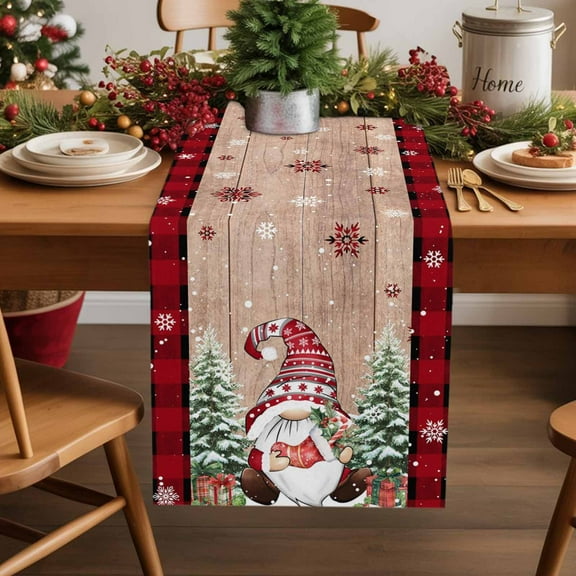 Gnome Winter Christmas Tree Snow Table Runner 13x90in Non-Slip Cotton Linen Table Runners, Red Black Plaid Retro Linen Dresser Scarves TableRunner for Dinner Kitchen Dining Wedding Party
