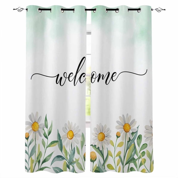 Fsddascl Daisies Flowers Blackout Curtains for Bedroom/Living Room, Thermal Insulated Kitchen Curtains, Farmhoue Country Bitanical Ombre Green Grommet Darkening Window Treatment Drapes 52"x84"x2