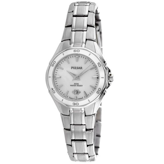 Womens Ceramic Bezel Stainless Watch - Silver Bracelet - Pearl Dial - PXT895
