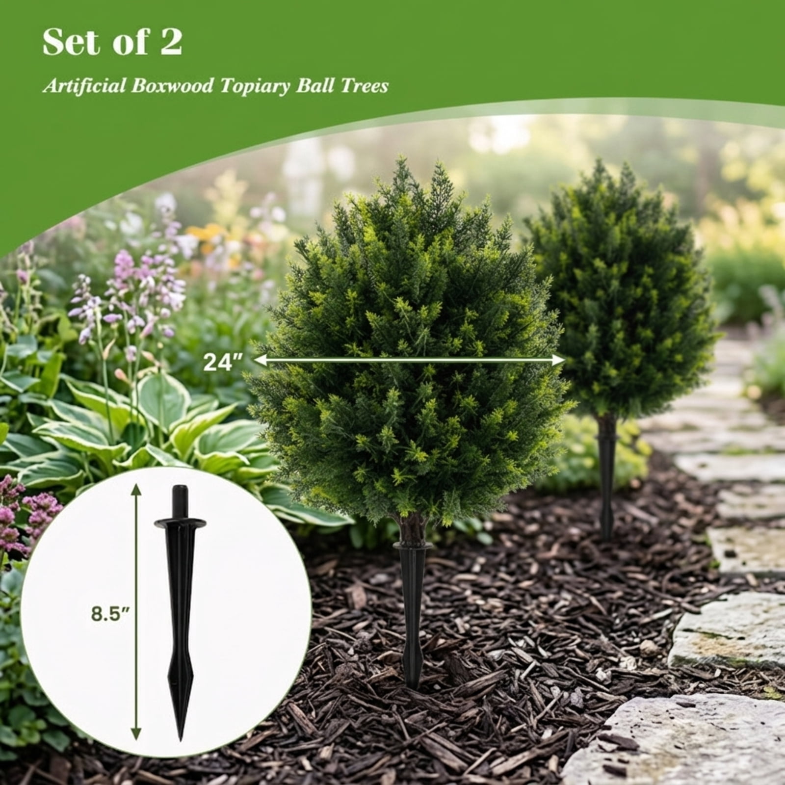 Vebreda Artificial Plant Decor, 24 Inches Artificial Cypress Topiary Ball Tree Set with Ground Spike, Lifelike Appearance, Selected Material