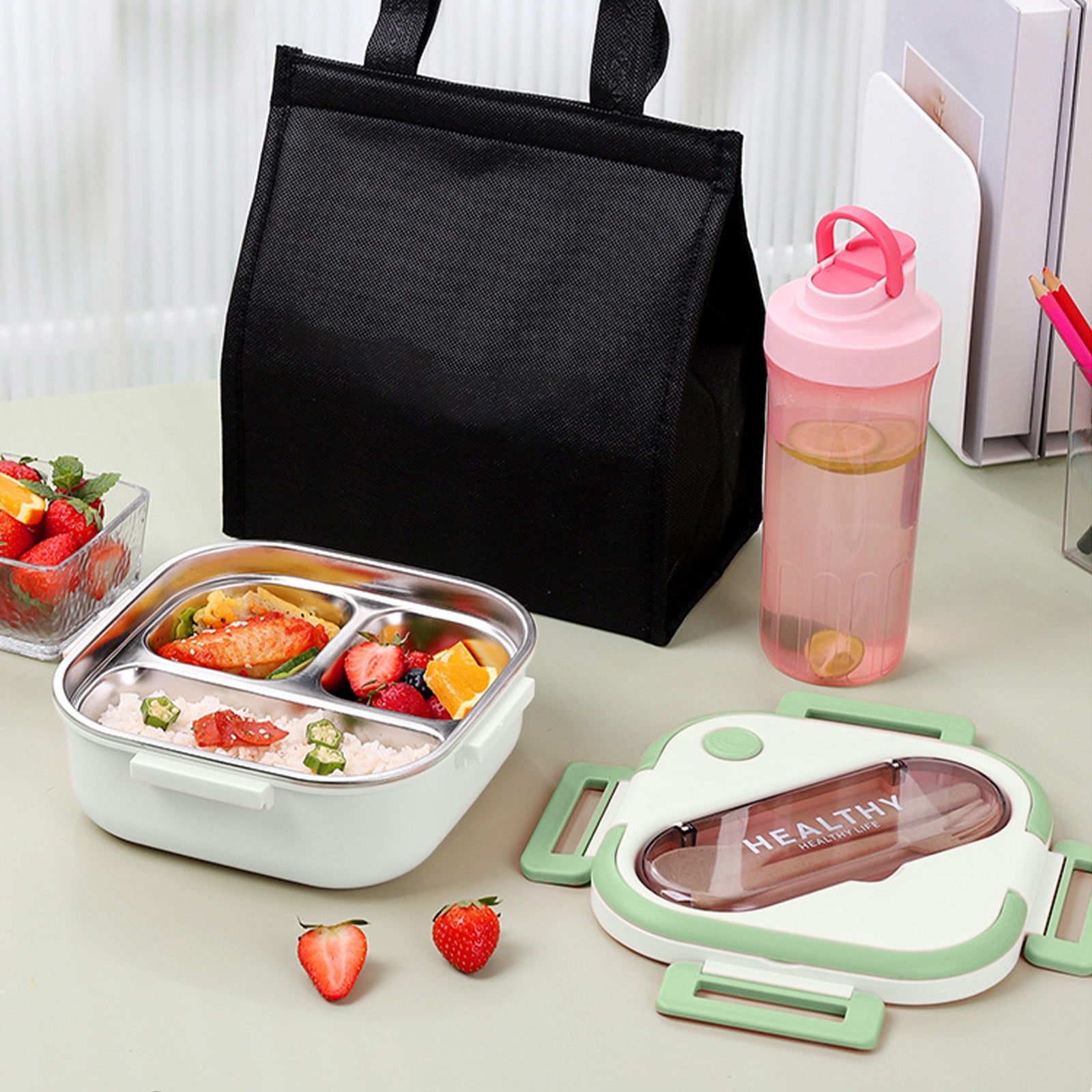 Roiihwy Three-Piece Set, Lunch Bento Box Included Dinnerwares, Compartment Snack Salad Food Prep Pack Container, Lunch Containers with Lid for Classroom Office Picnic, Green