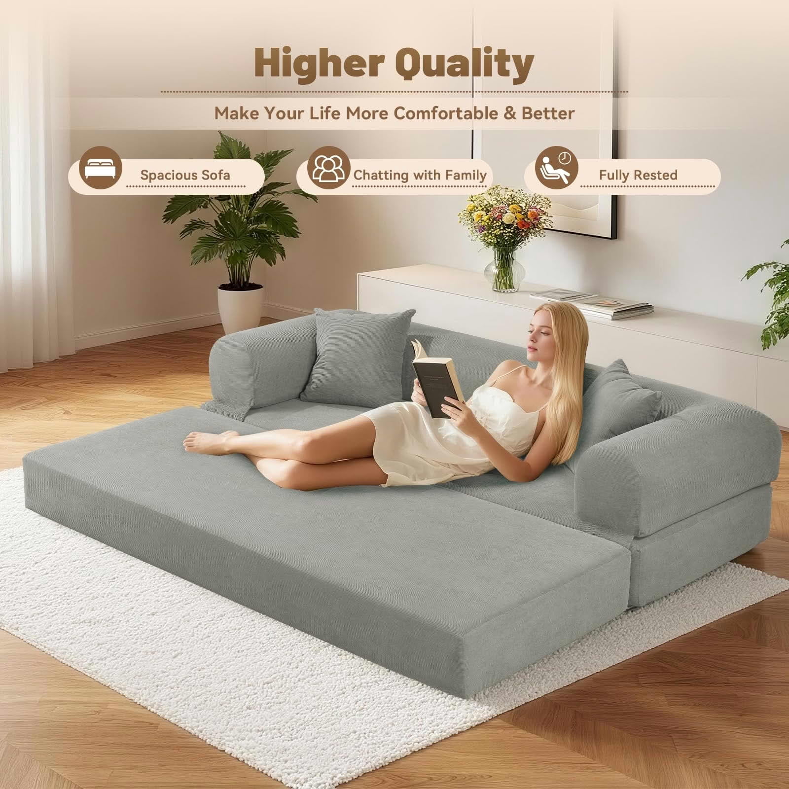 MAYEERTY 80" Light Gray Corduroy Convertible Sofa Bed, 600lbs Queen Size Fold Out Sleeper Couch with Storage & No Assembly for Living Room