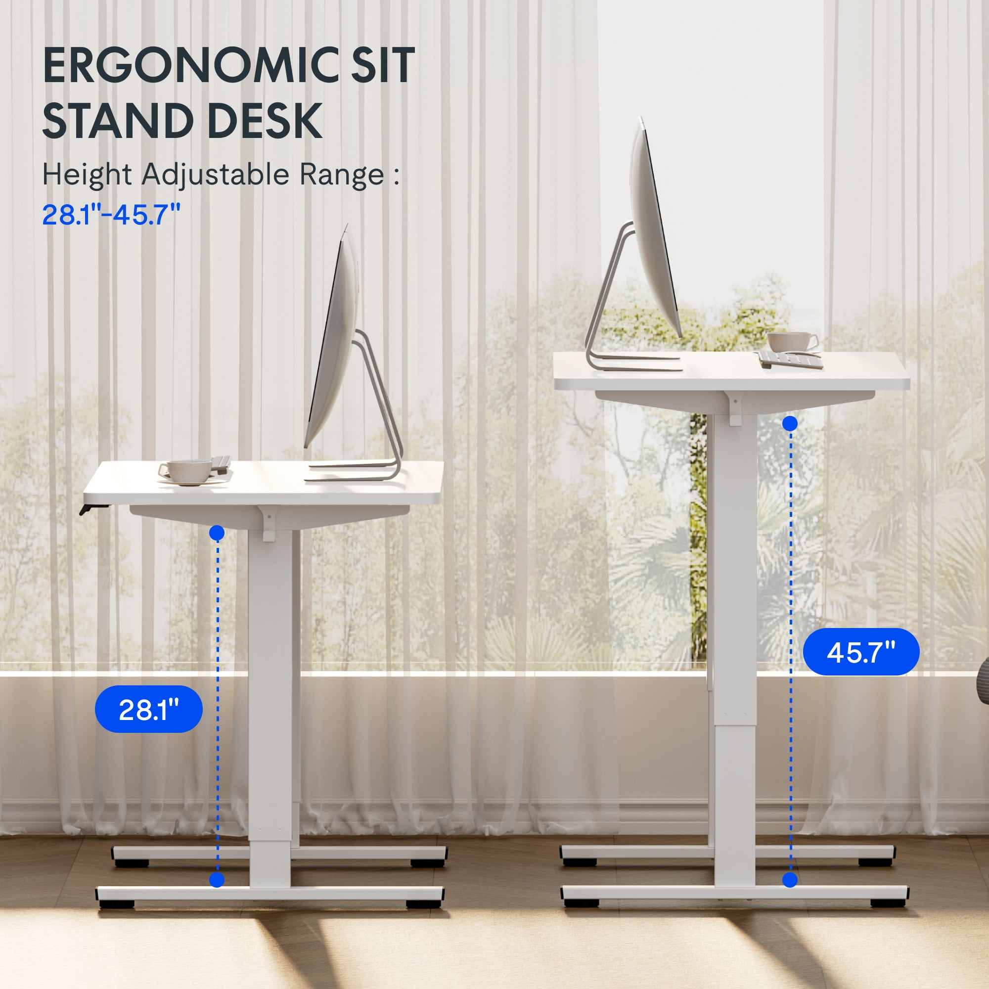 FitStand 60"x24" Home Office Height Adjustable Standing Desk with Hooks, Ergonomic Electric 2-Stage Stand Up Computer Desk, White