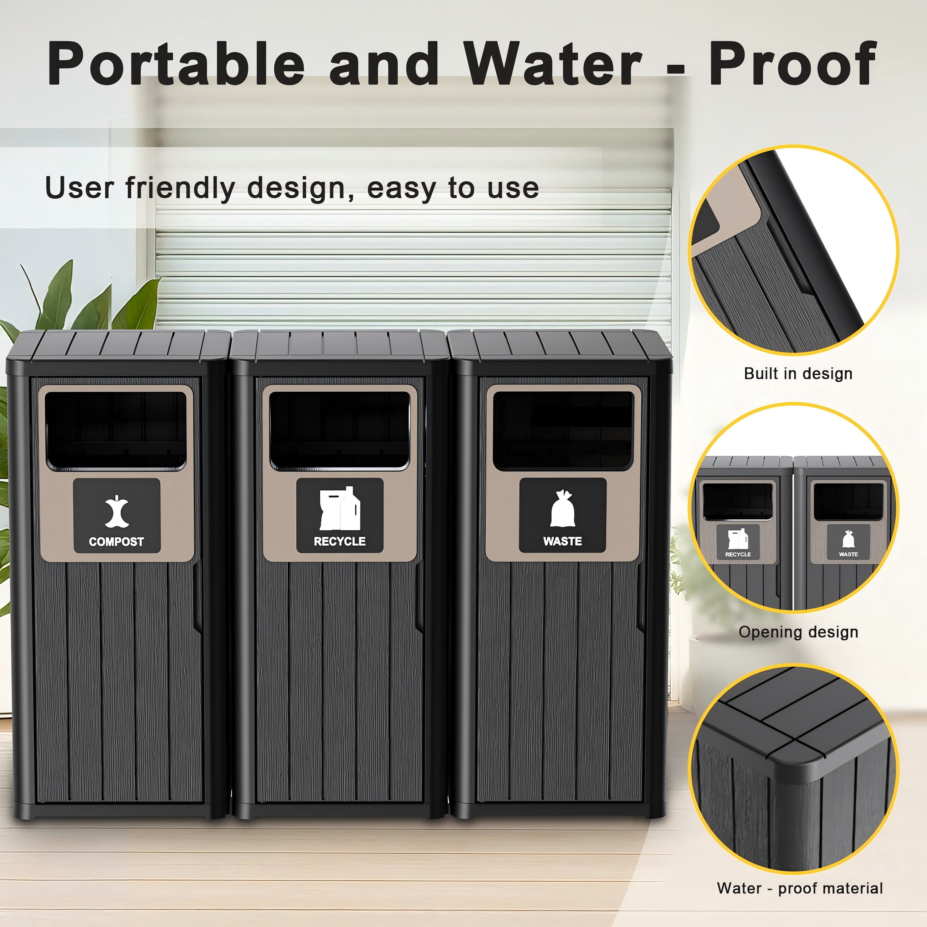 Outdoor Single Barrel Trash Can,Waterproof Resin Garbage Can with Garbage Labels,Durable Waste Bin for Porch, Backyard,Kitchen,for 30 to 39 Gallon Trash Bags（Black，3)