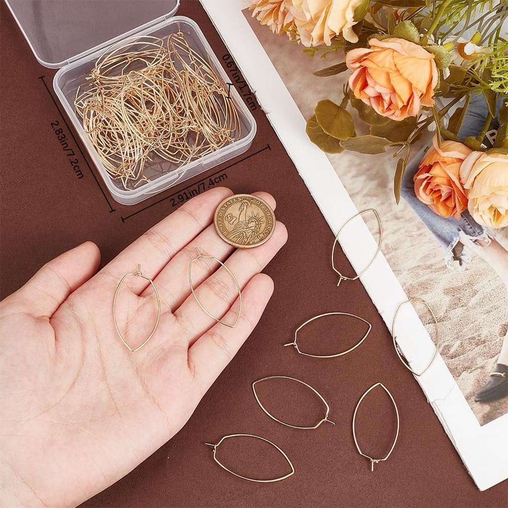 1 Box 70Pcs Round Earring Hoops Real 18K Gold Plated Brass Beading Eye Shaped Ear Findings for DIY Earring Craft Making