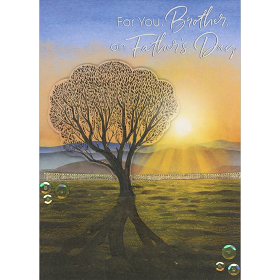 Designer Greetings Die Cut 3D Tree, Gold Ribbon and Sequins on Sunrise over Hills Hand Decorated Father's Day Card for Brother