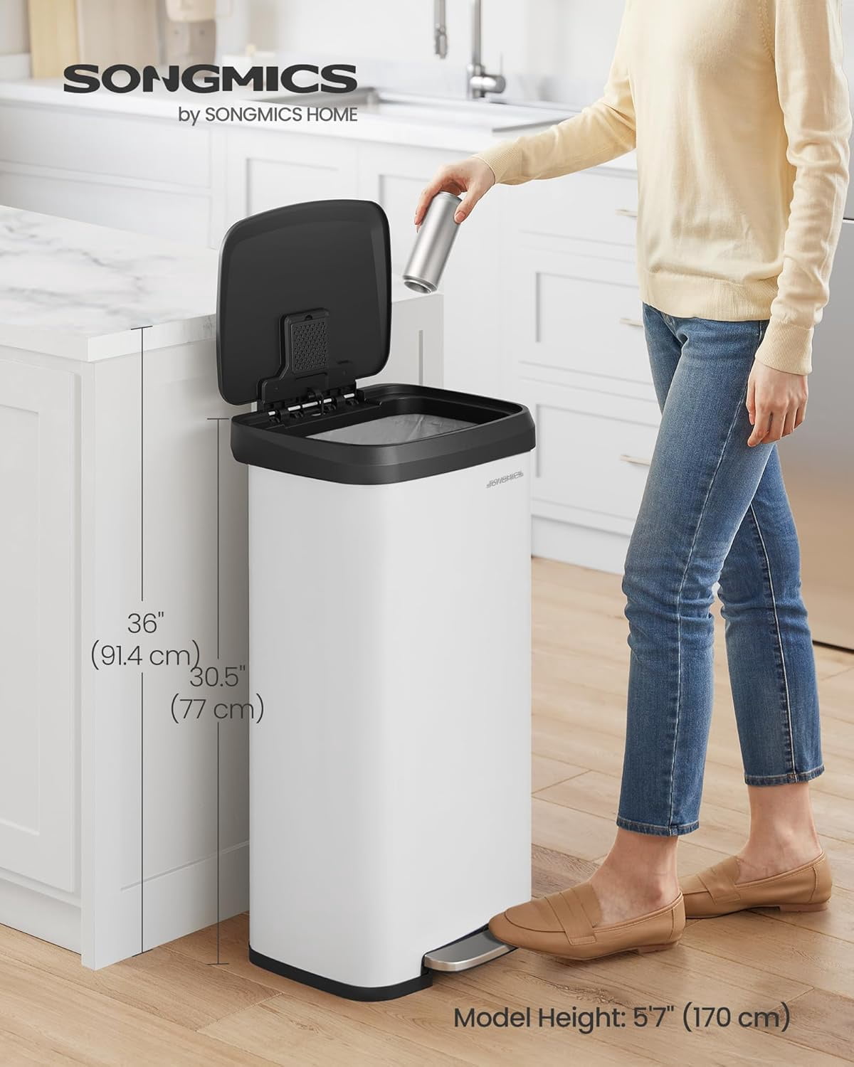 White Trash Can with Lid, Freestanding Kitchen Garbage Bin with Removable Inner Bucket