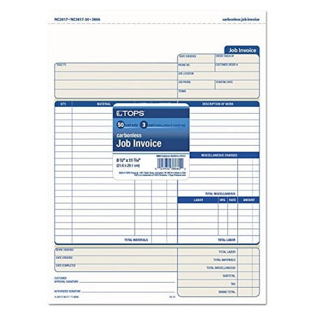 TOPS 3866 Job Invoice, 3-Part Carbonless, 8-1/2-Inch x11-Inch, 50 Sets/PK