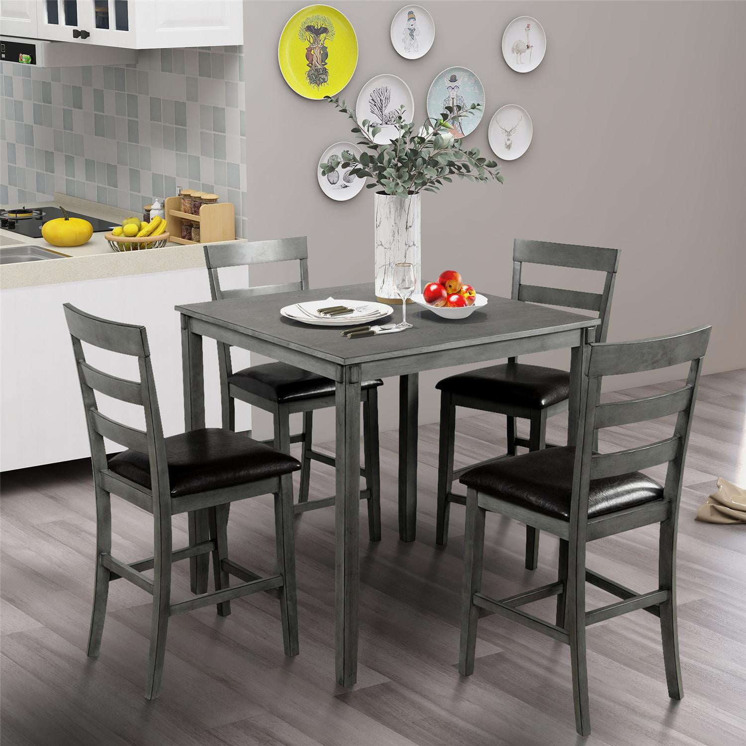 Modern 5 Piece Dining Table Sets, Industrial Wooden Counter Height